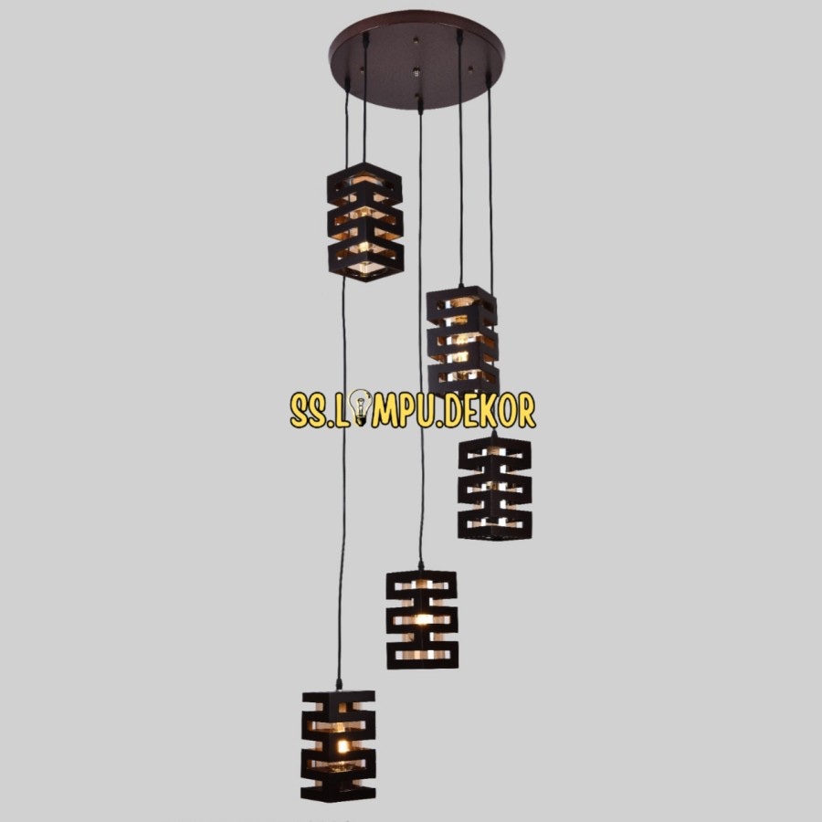 Lampu Gantung Minimalis Kotak kayu Cabang 5 Hias void plafon tinggi ruang tamu tangga