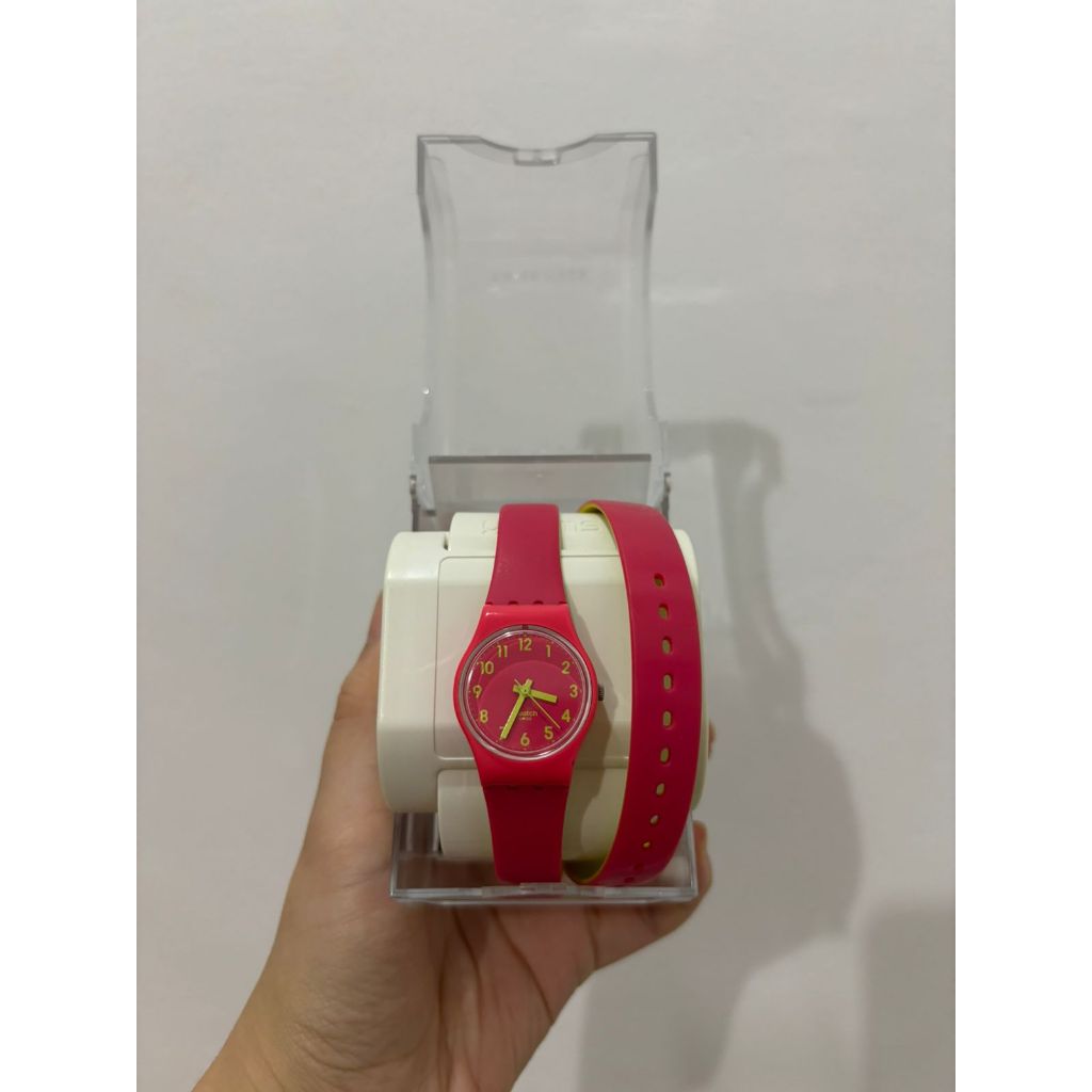Jam Tangan Swatch Long Strap in Pink and Green Preloved Bekas