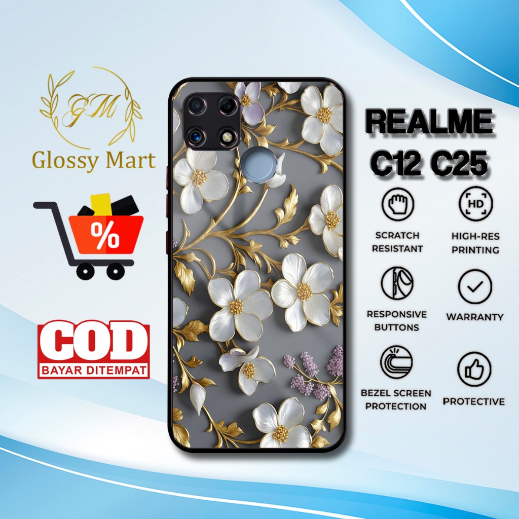Case Realme C12 / C25 Terbaru - Casing Realme C12 / C25 - Motif Bunga Cute - Hardcase Premium Glossy
