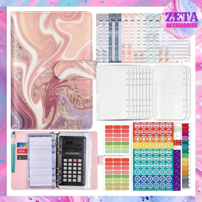 

ZETA BN01 - Binder kulit keuangan A6 6 ring motif marble full set premium / Binder kulit A6 6 lubang / Note book premium