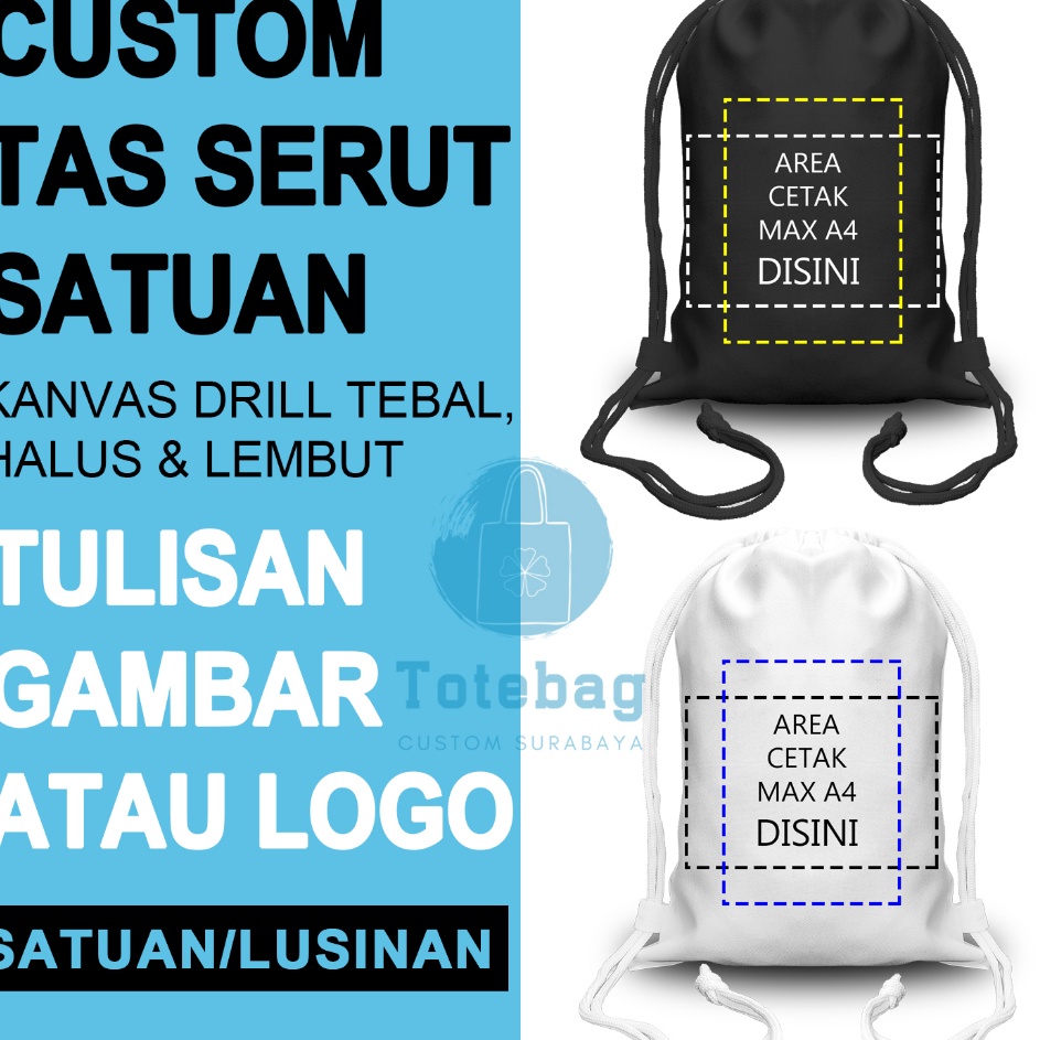 Tas Serut Gambar Tas Gendong Hitam  Putih bahan Kanvas bukan Blacu Bisa Nama Gambar Logo Sablon Full