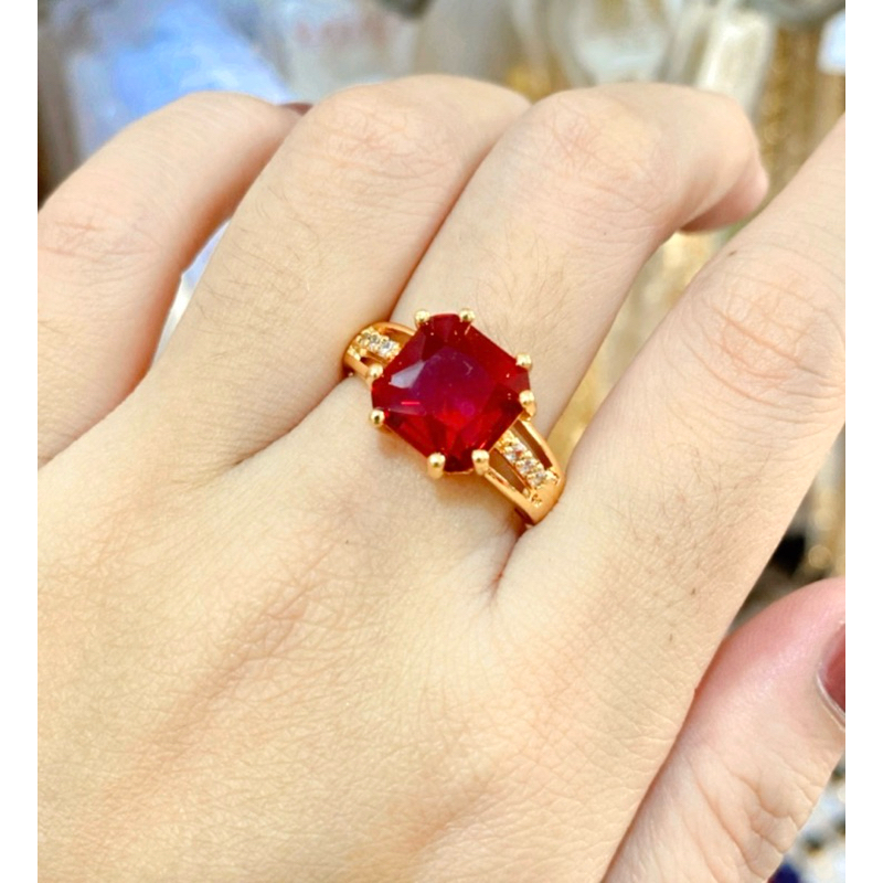 CINCIN EMAS MERAH DELIMA BATU GIOK KOTAK PERMATA CINCIN TITANIUM ANTI LUNTUR WANITA