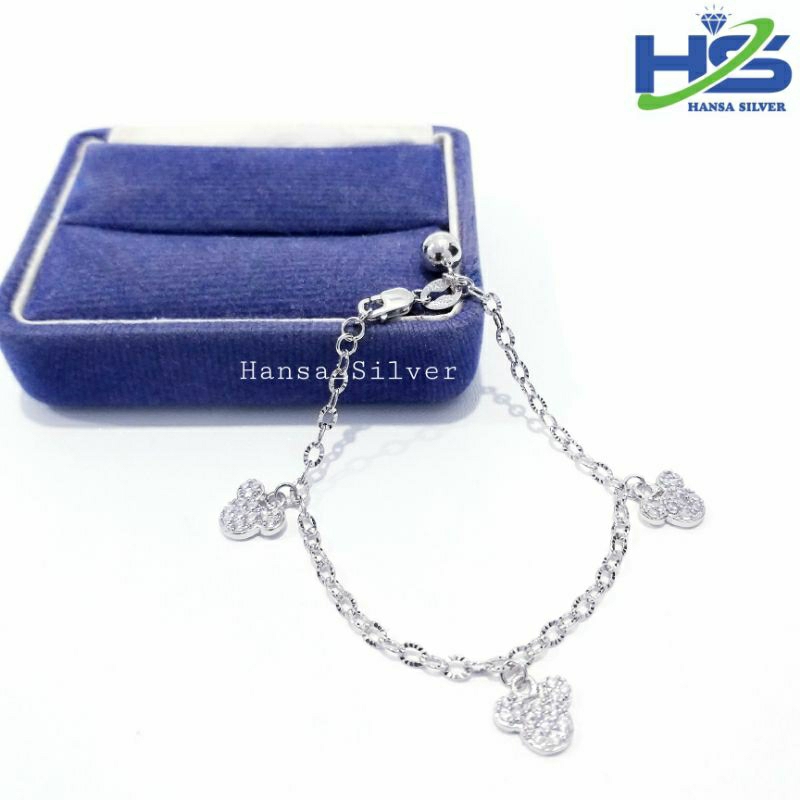 Gelang Perak Anak Bayi Asli Silver 925 Lapis Emas Putih Model Rantai Nori Ukir Mickey Mous - Gelang 