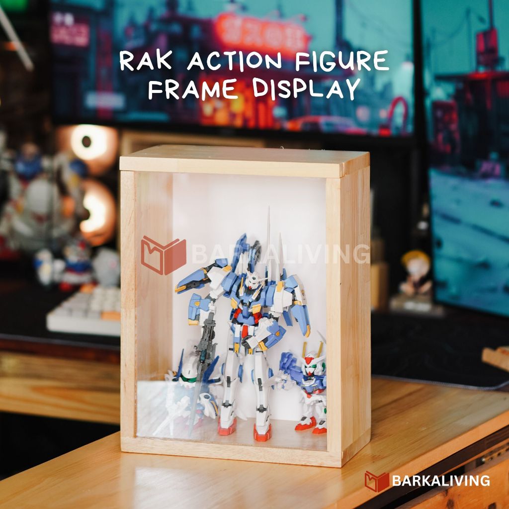 Rak Action Figure Mainan Gundam Organizer Frame Kayu Display Akrilik
