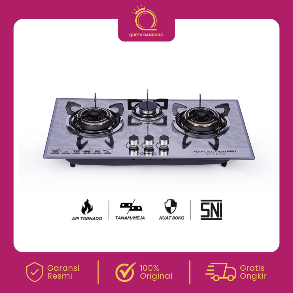 NIKO Kompor Gas Kaca 3 Tungku Reflection Pro Mirror Kompor Gas Tanam