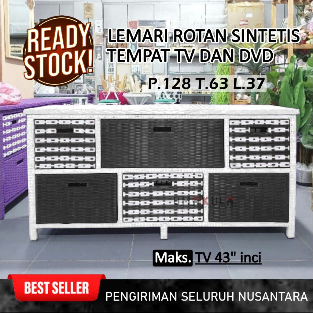 Rak Lemari Rotan Sintetis 6 Laci Bufet Buffet Meja TV 43 Inci Ruang Tamu Minimalis Serbaguna Terbaru
