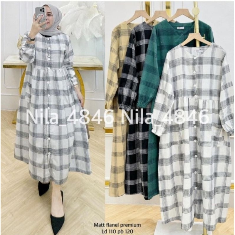 LONG TUNIK FLANEL KOTAK WANITA / LONG TUNIK UMPAK LENGAN PANJANG / MINI DRESS LENGAN KARET BUSUI / L