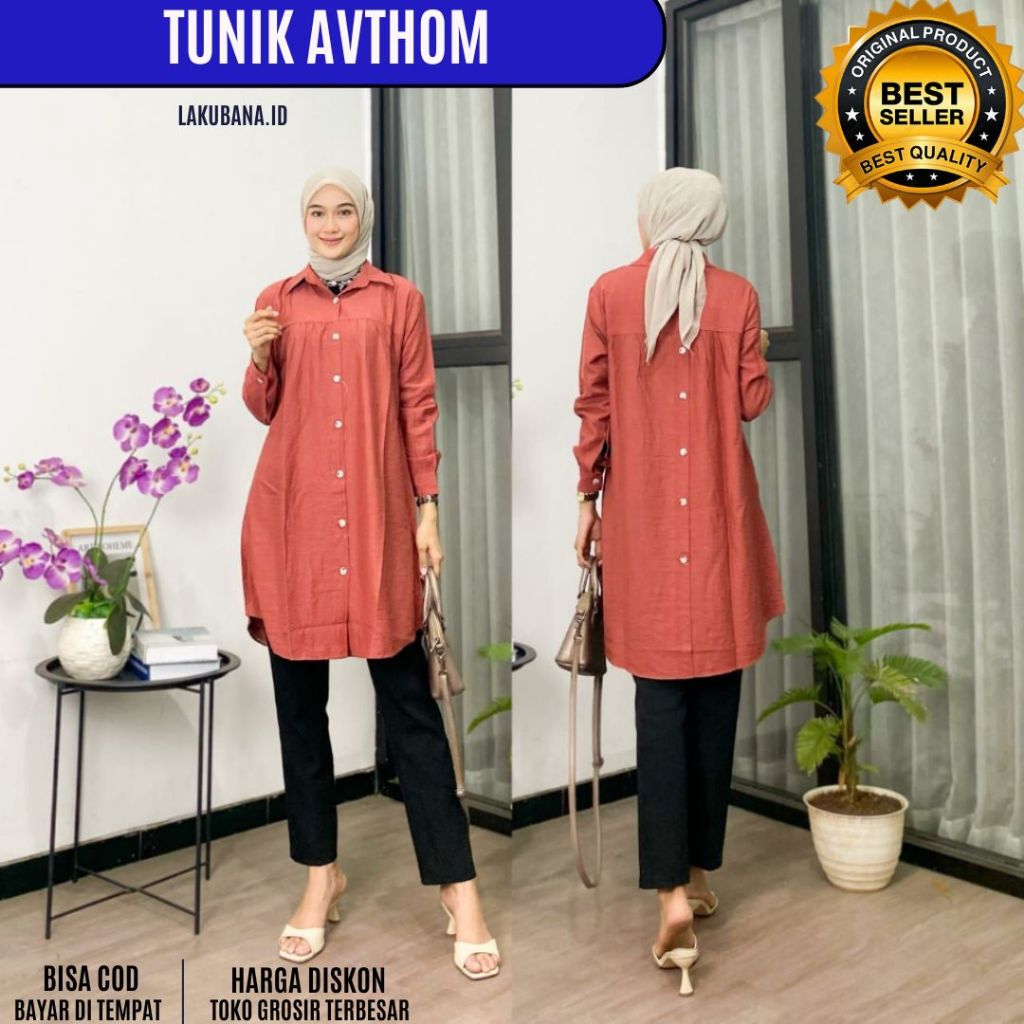 Tunik Avthom - Baju Atasan Wanita Polos Kancing Depan Belakang