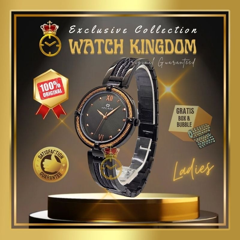 Jam Tangan Wanita Hegner Original Hitam Rose Gold Simpel Tali Rantai Gelang Stainless 351460 New 6HW