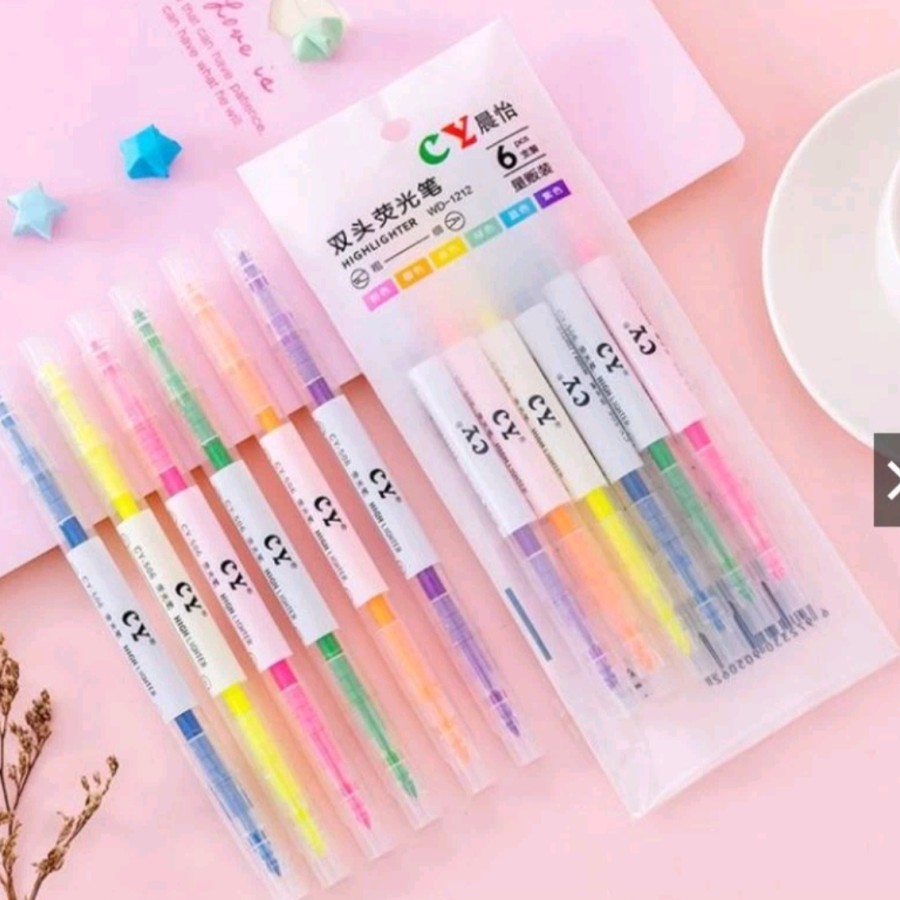 

Ay00! [Isi 6 Pcs] Stabilo Panjang 2 Sisi Warna Warni Stationery Highlighter