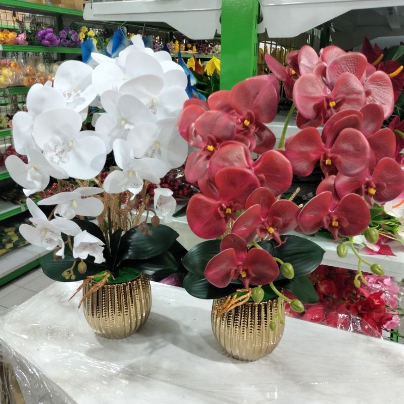 BUNGA ANGGREK LATEX PREMIUM POT KERAMIK SET DEKORASI RUMAH ARTIFICIAL
