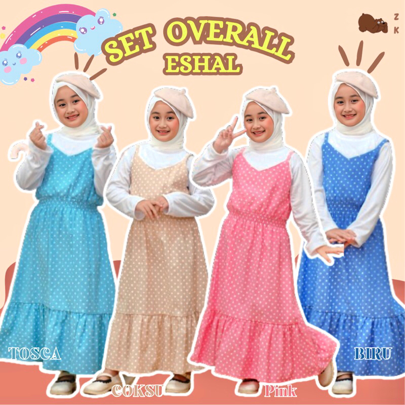 SET OVERALL DRESS POLKADOT ESHAL Pakaian Baju Gamis Dress Dres Overall Bahan Katun Combed & Oxford W