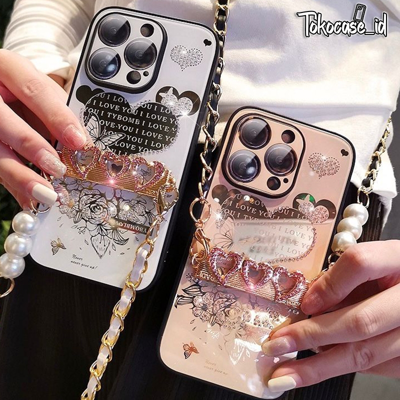 RCI352 Bumper Strap Tali Rantai Mirror Case Diamond Hardcase/Casing Hp Compatible For Iphone X Xr 11