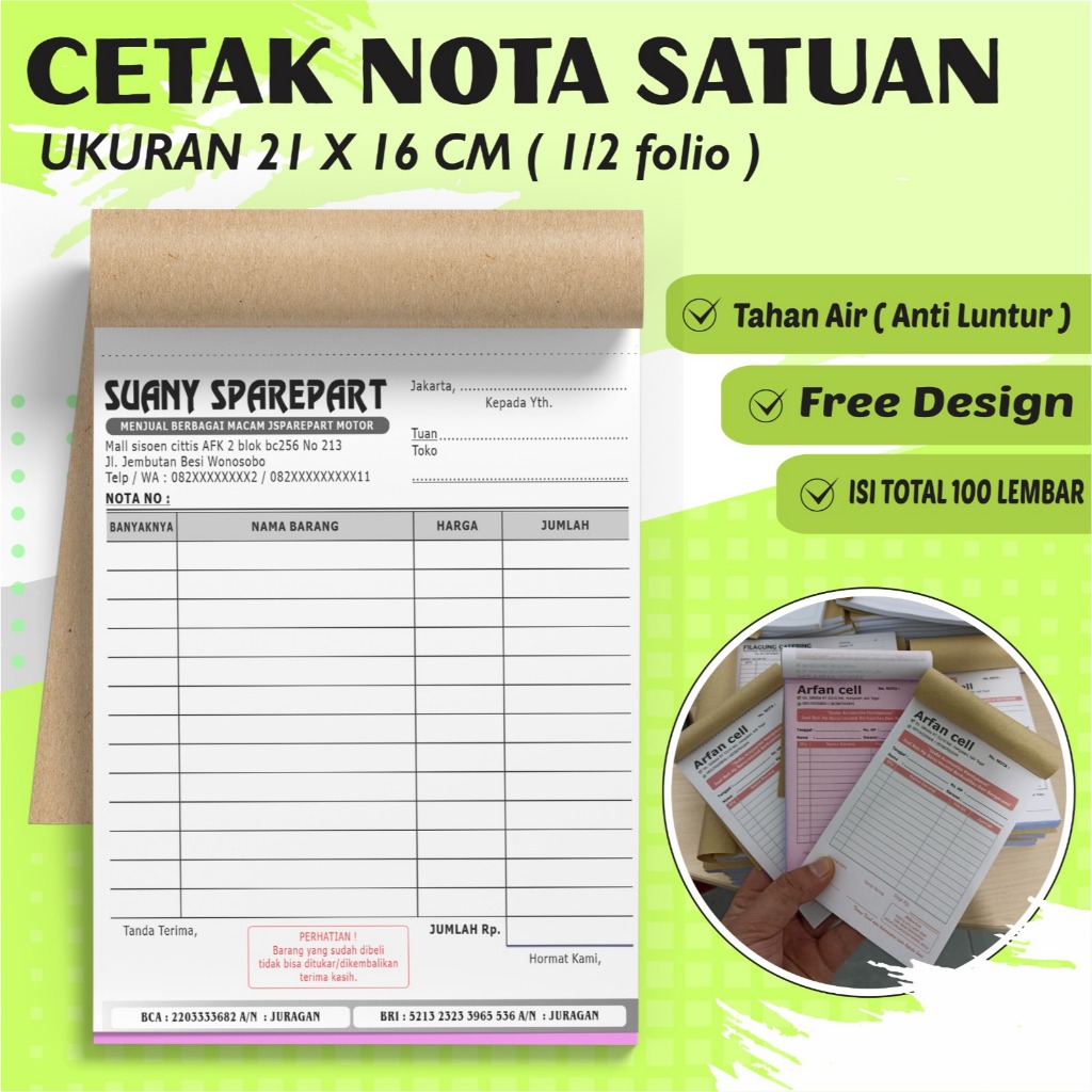 

Cetak nota/kwitansi custom 2 ply 1/2 folio 16x21 cm