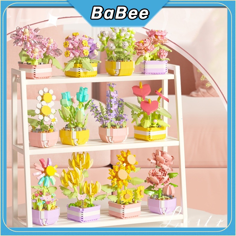 Babee Pot Bunga Mainan Balok Susun Blok Mawar Puzzle Blok Tanaman Pot Bricks Bunga Bouquet Block