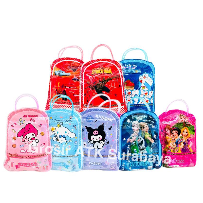 

STATIONERY SET TAS 2235 / Paket Alat Tulis Bentuk Tas Kuromi Cinnamorol Spiderman Cars Princess Untuk hampers / goodie bag Ulang Tahun