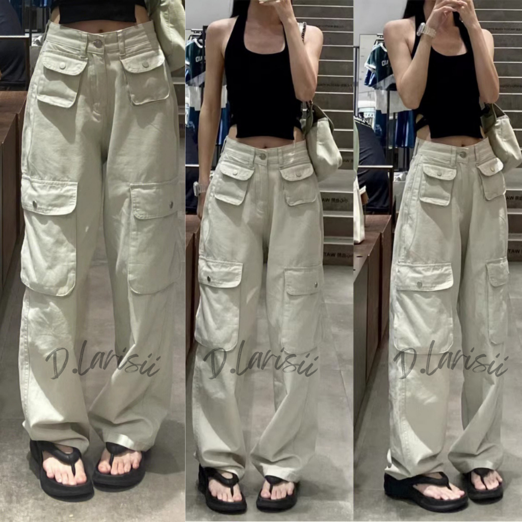 D.Larisii - Cargo Chinos Pasir Putih Highwaist Loose Celana Jeans Wanita Korea (realpict) -  Cargo D