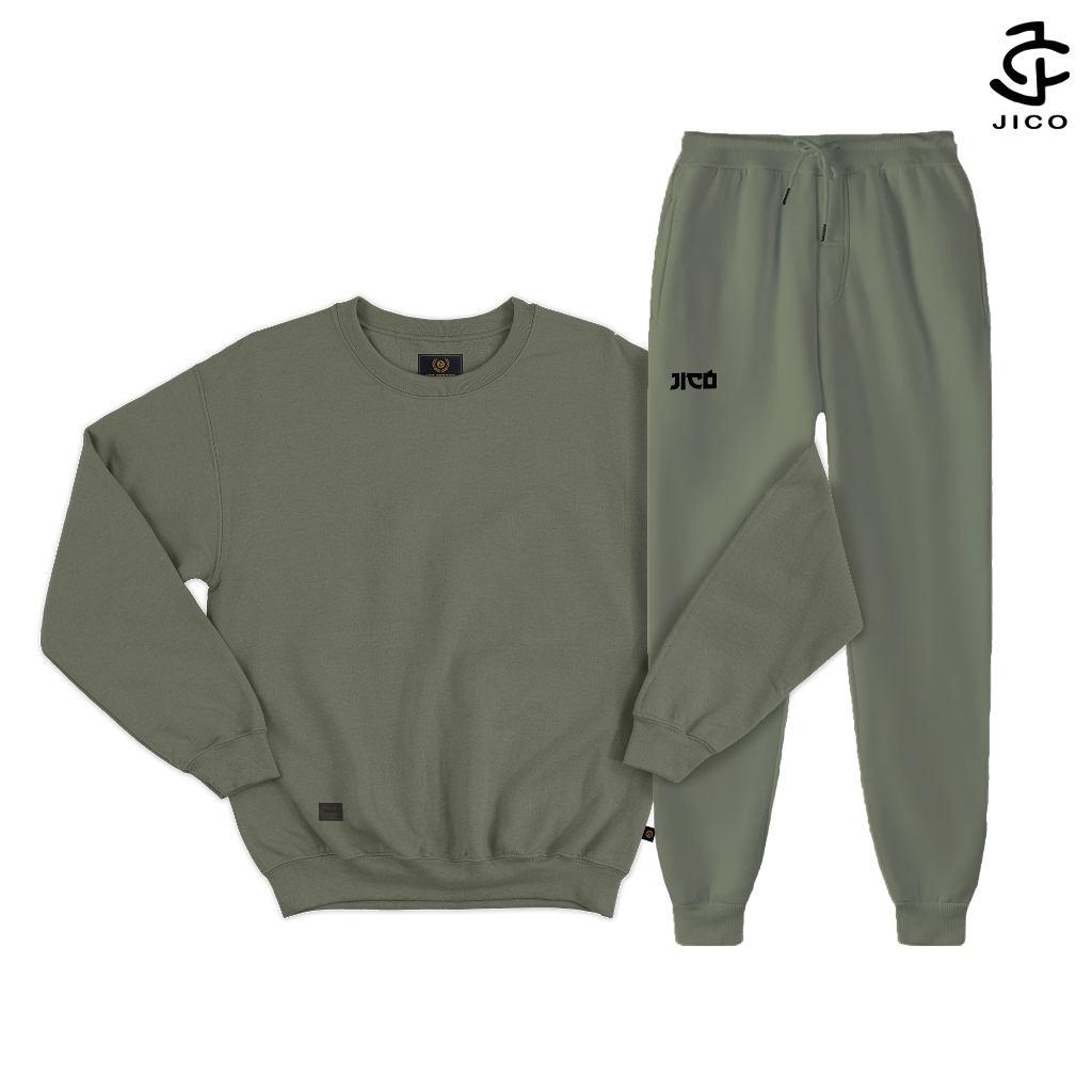 JICO - Stelan Celana Panjang Dan Crewneck Unisex Oversize Warna Hijau Tua Size M-XXL