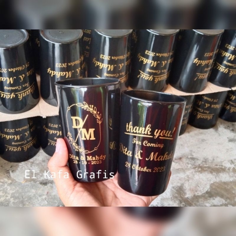 Souvenir gelas sablon | gelas hitam 10cm | Souvenir gelas murah