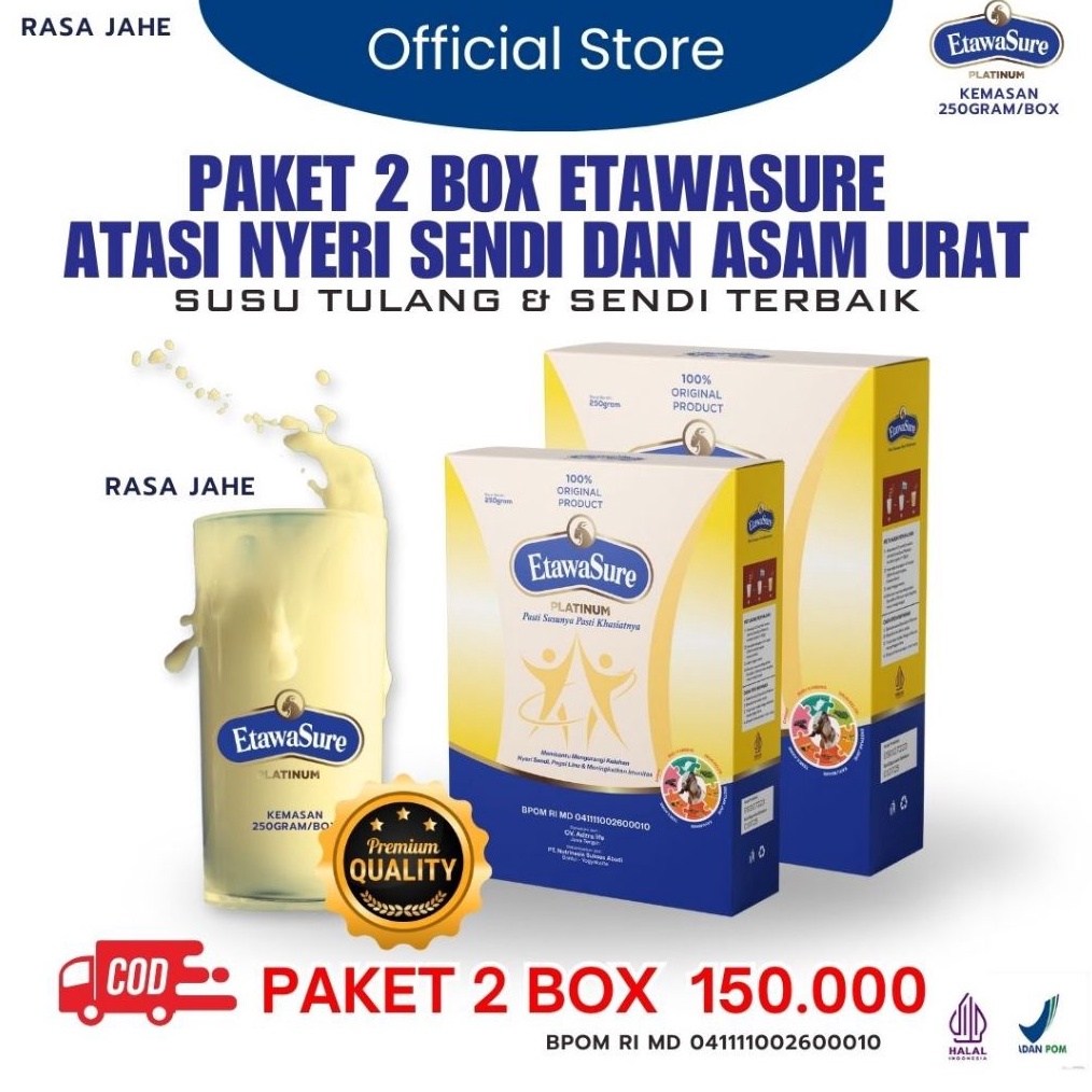 

Terlaris Etawasure 2 Box isi 5gram Susu Bubuk Etawa dengan Kolostrum Rasa Jahe Etawasure 25grambox Susu Etawasure Untuk Nyeri Sendi Pegal Linu Asam Urat Syaraf Kejepit Tulang Keropos Susu Etawasure BPOM