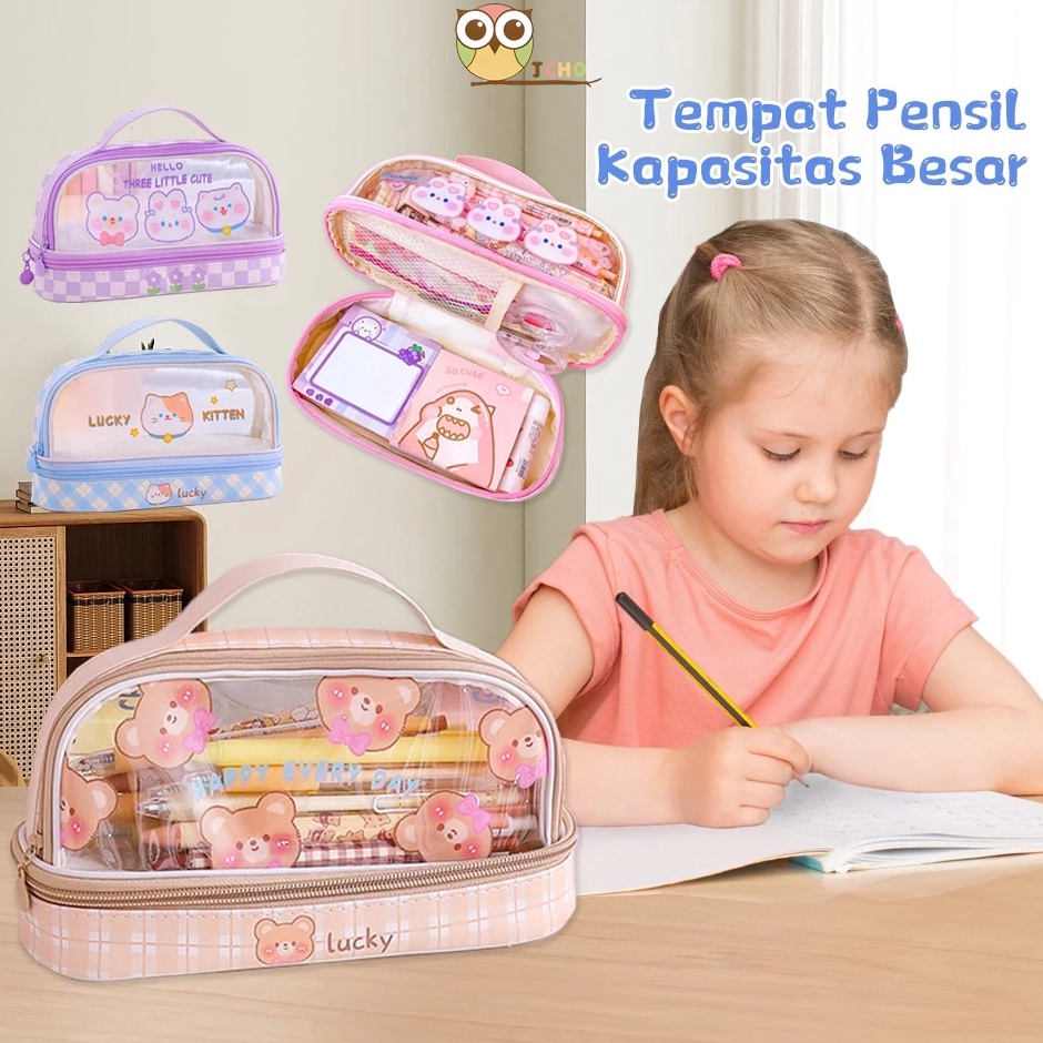 

JCHO Tempat Pensil Transparan Kotak Pensil Anak Tas Pensil Zipper Motif Lucu Alat Tulis