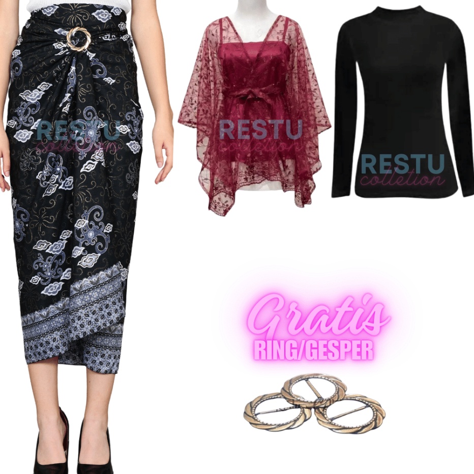 1111 Oneset Rok Lilit Batik Motif Megamendung SilverOuter Pita dan Manset Wanita Kekinian Baju Kebay