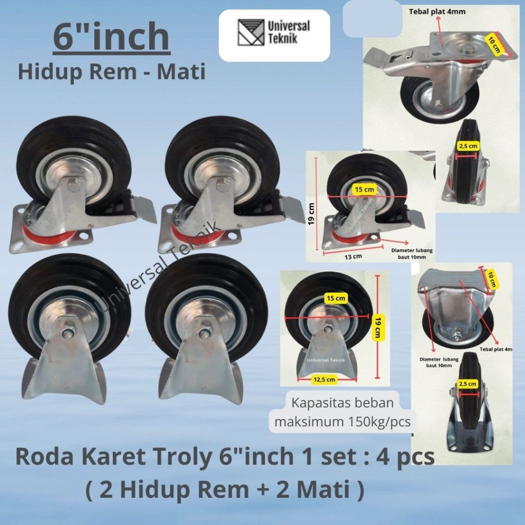 Roda Karet Troly Troli 6 inch 1 set : 4 pcs ( 2 pcs HR + 2 pcs M )