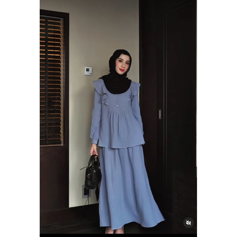 NEW Gonegani CHIBA Set Dusty Blue Size M Rok dan Blouse
