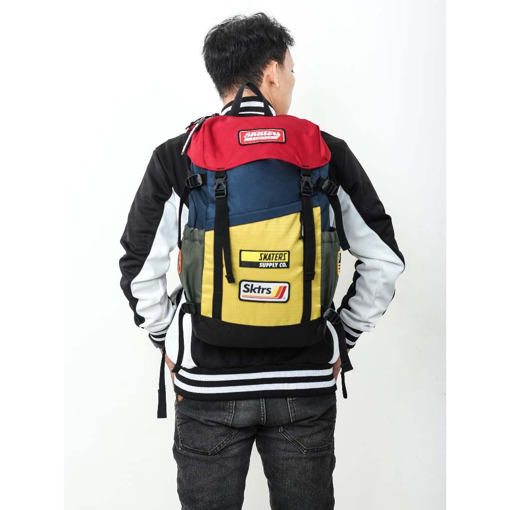 ADVENTURE SKATERS WK036 Tas Ransel Adventure Nilon Kotak-Kotak dengan Banyak Saku - Warna Merah Navy