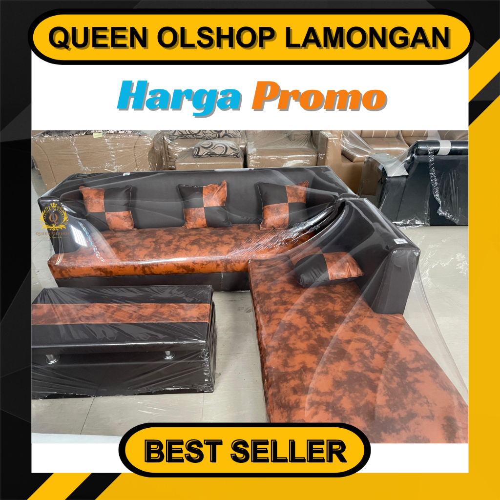 Satu Set Sofa Sudut Selonjor Hitam Coklat [LAMONGAN]