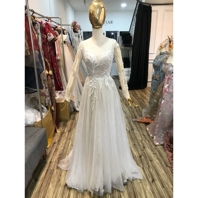 gaun pengantin aline putih bekas