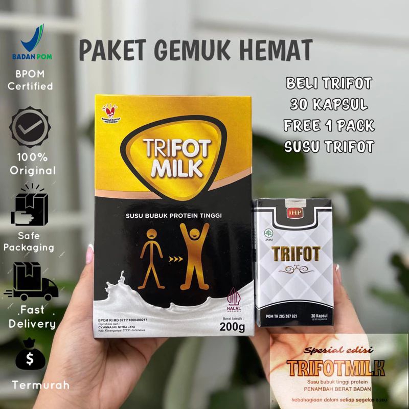 

PAKET HEMAT SUSU BUBUK TRIFOT MILK DAN TRIFOT ISI 30KAPSUL penggemuk herbal BPOM