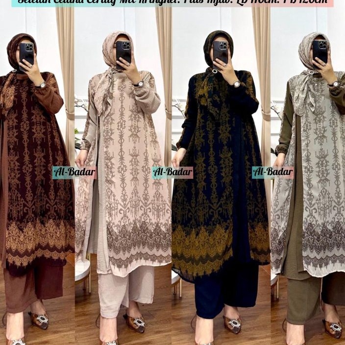 READY STOK BISA COD TERBARU BAHAN CRINCLE MIX DENGAN CERUTY BABY DOLL SETELAH CELANA SET HIJAB