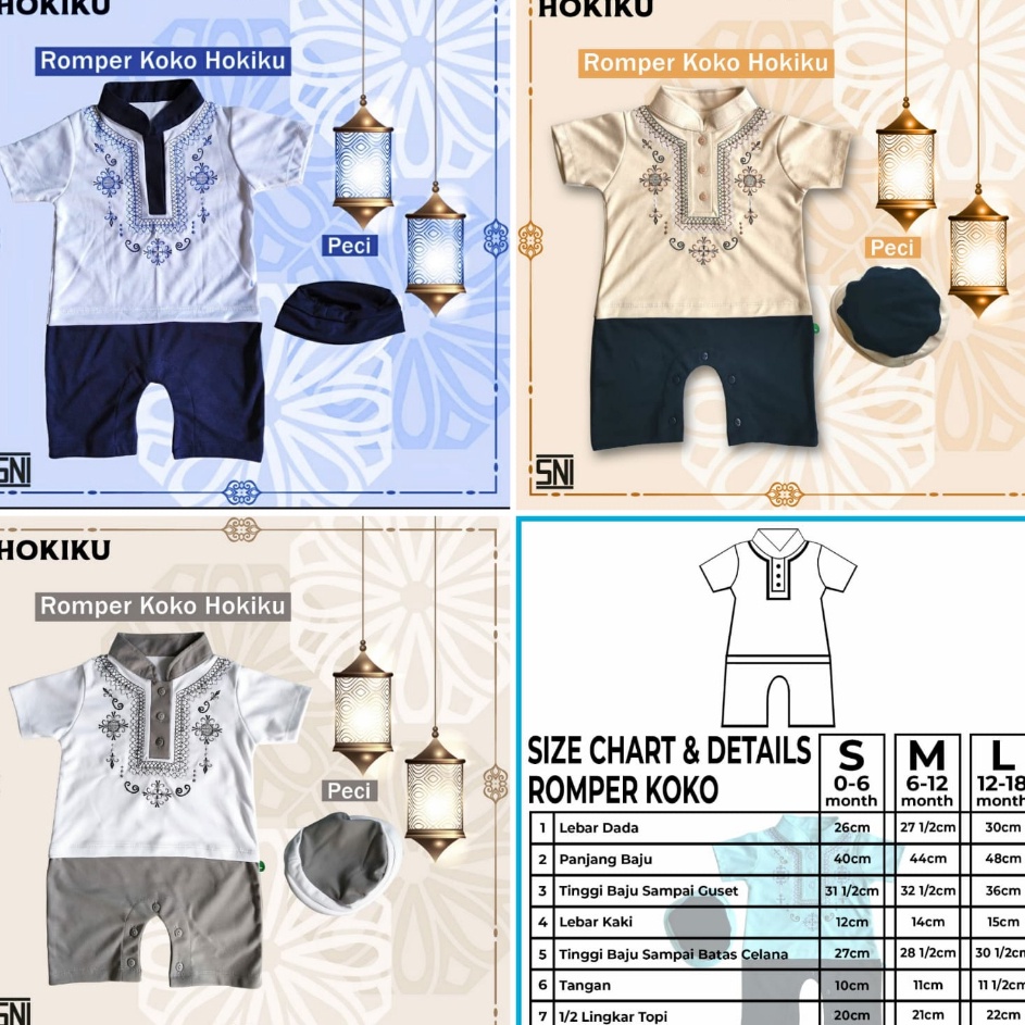 READY STOK Pakaian Muslim Baju Koko Bayi HOKIKU SNI  Romper Bayi Peci PREMIUM