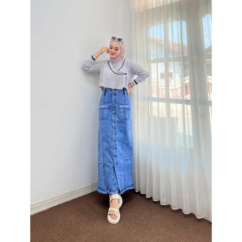 ROK SPAN JEANS KANCING TENGAH FULL STRECH PREMIUM ORI