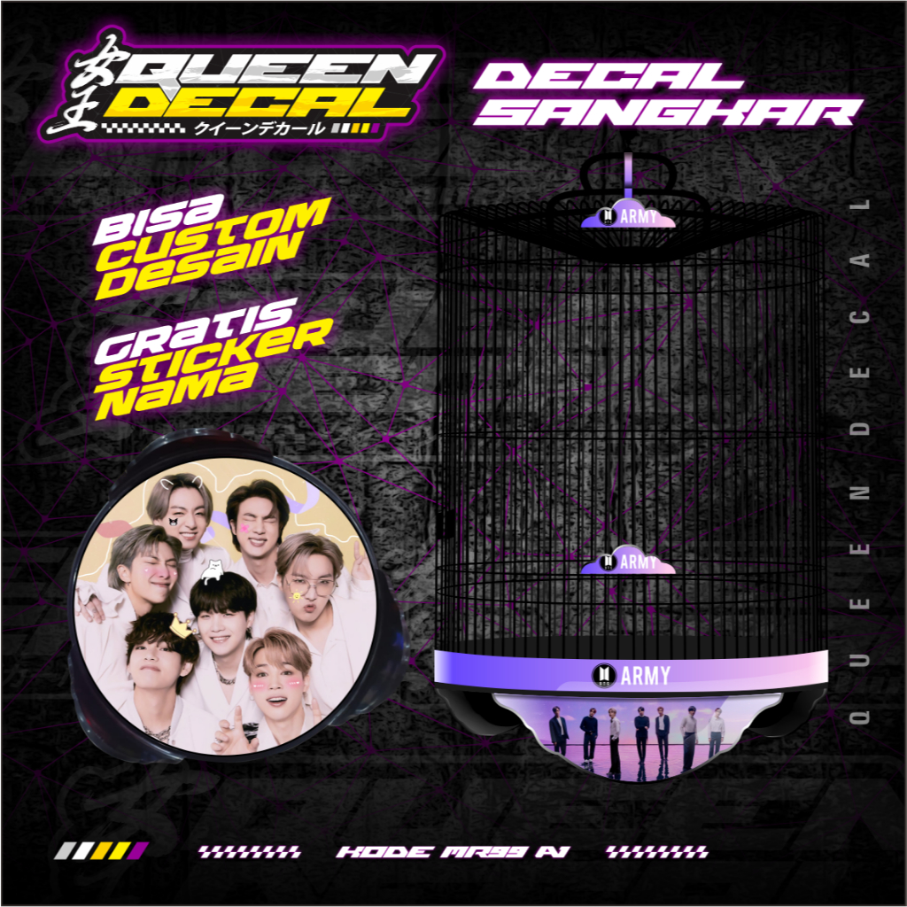 Aksesoris Decal Sangkar Burung  Murai Bulat / Stiker Decal Kandang BNR Motif Custom ARMY BTS - MR