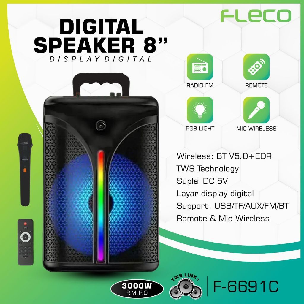 Fleco F-6691A/C Speaker LED RGB Bluetooth Portable 8inch bonus Mic Wireless + remote F6691C 3000w So