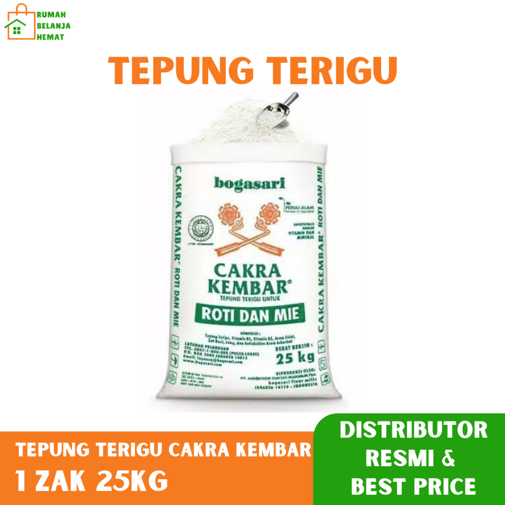 

Tepung Terigu Cakra Kembar 25KG Tepung Premium Protein Tepung Kiloan Tepung Serbaguna All Purpose Wheat Flour Kemasan 1 Zak