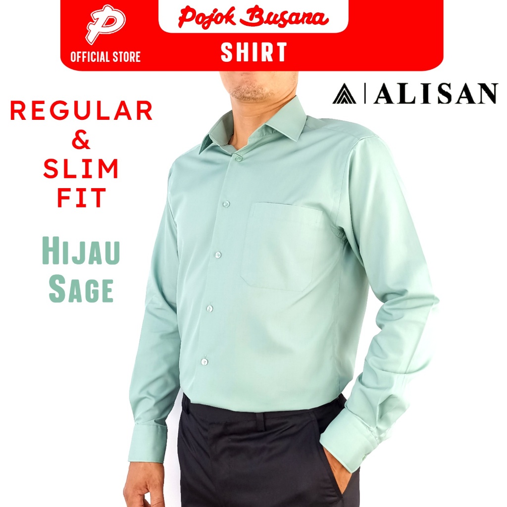 Pojok Busana Kemeja Alisan Lengan Panjang Polos Regular Fit & Slim Fit Hijau Sage