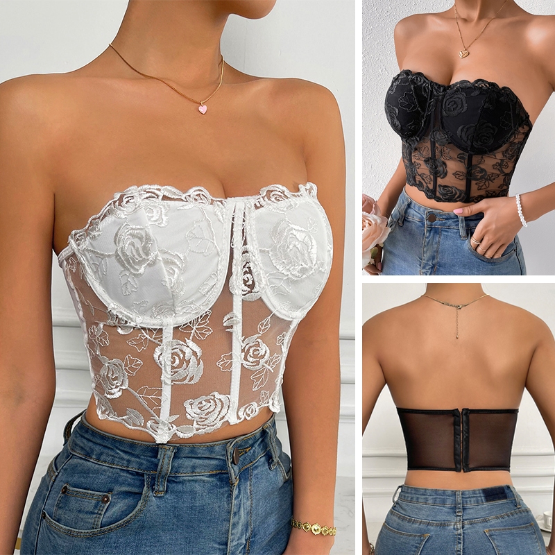 Women's Bustier Tube Tops Embroidery Flower See Through Off Shoulder Tank Tops for Daily Club Party