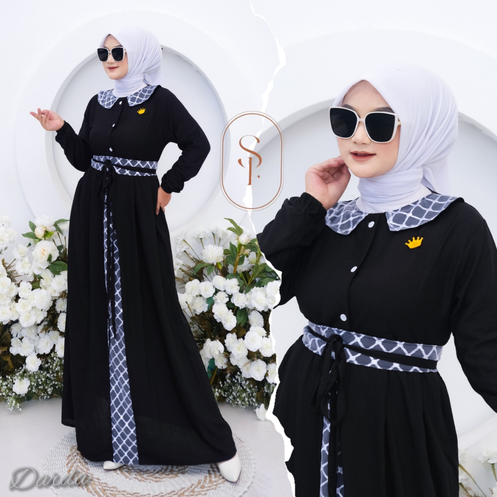 SI OLSHOP Gamis Muslim Soraya Maxi Dress Polo Linen mix Brukat Tille Kekinian