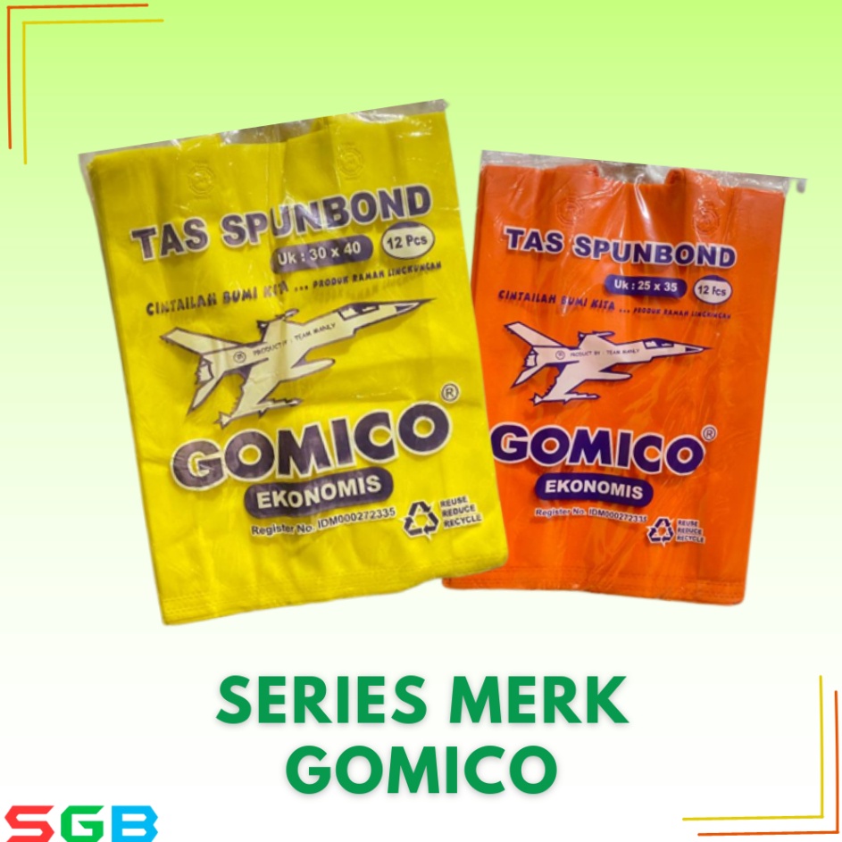 

Stok Banyak Tas Spunbond merk GOMICO Tali uk 3x4 dan 25x35 harga lusinan Goodie Bag GOMICO