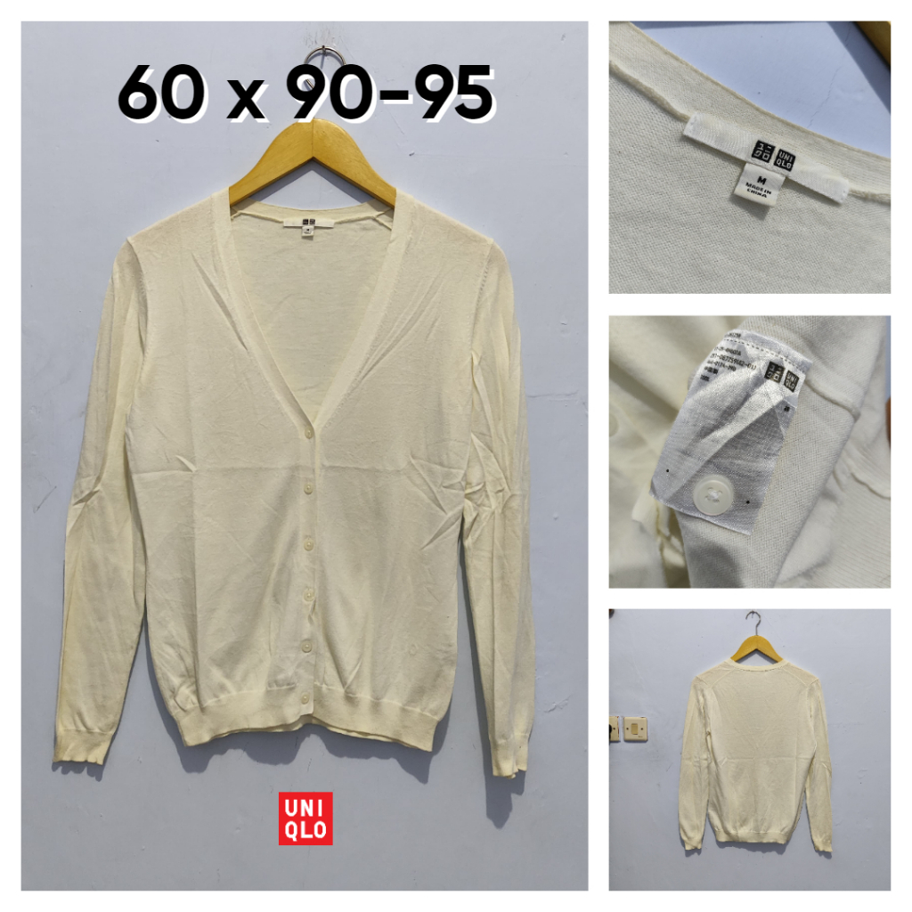 Cardigan Uniqlo BW Broken White V Neck Size M Wanita Cardi Cewek Outer Knit Rajut