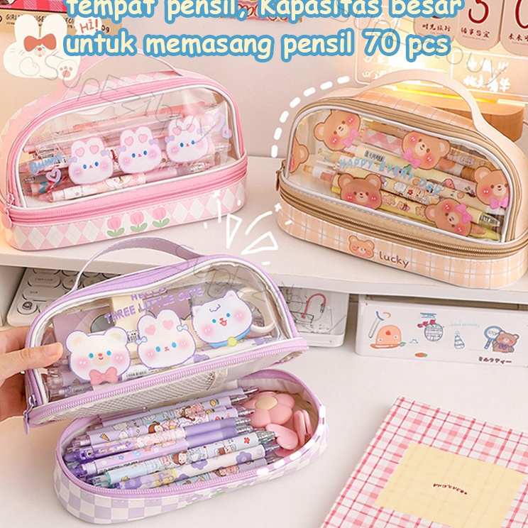 

Kotak pencil Tempat Pencil Tas Pena Tas Pensil tempat alat tulis Bahan PVC berkapasitas besar dengan stiker
