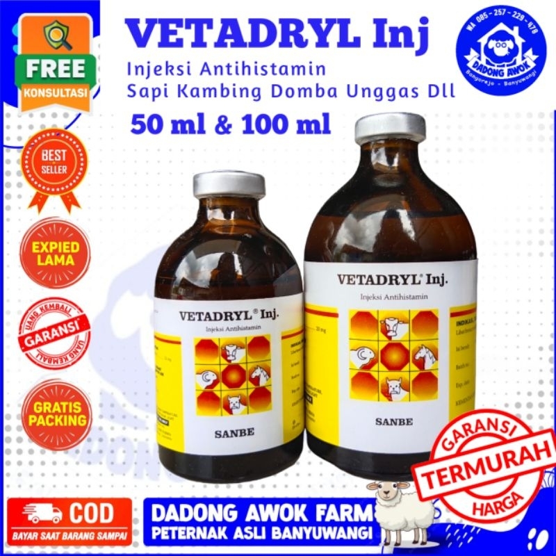VETADRYL Injeksi 100ml Antihistamin Hewan obat sakit SAPI KAMBING DOMBA - VETADRIL OBAT HEWAN sanbe