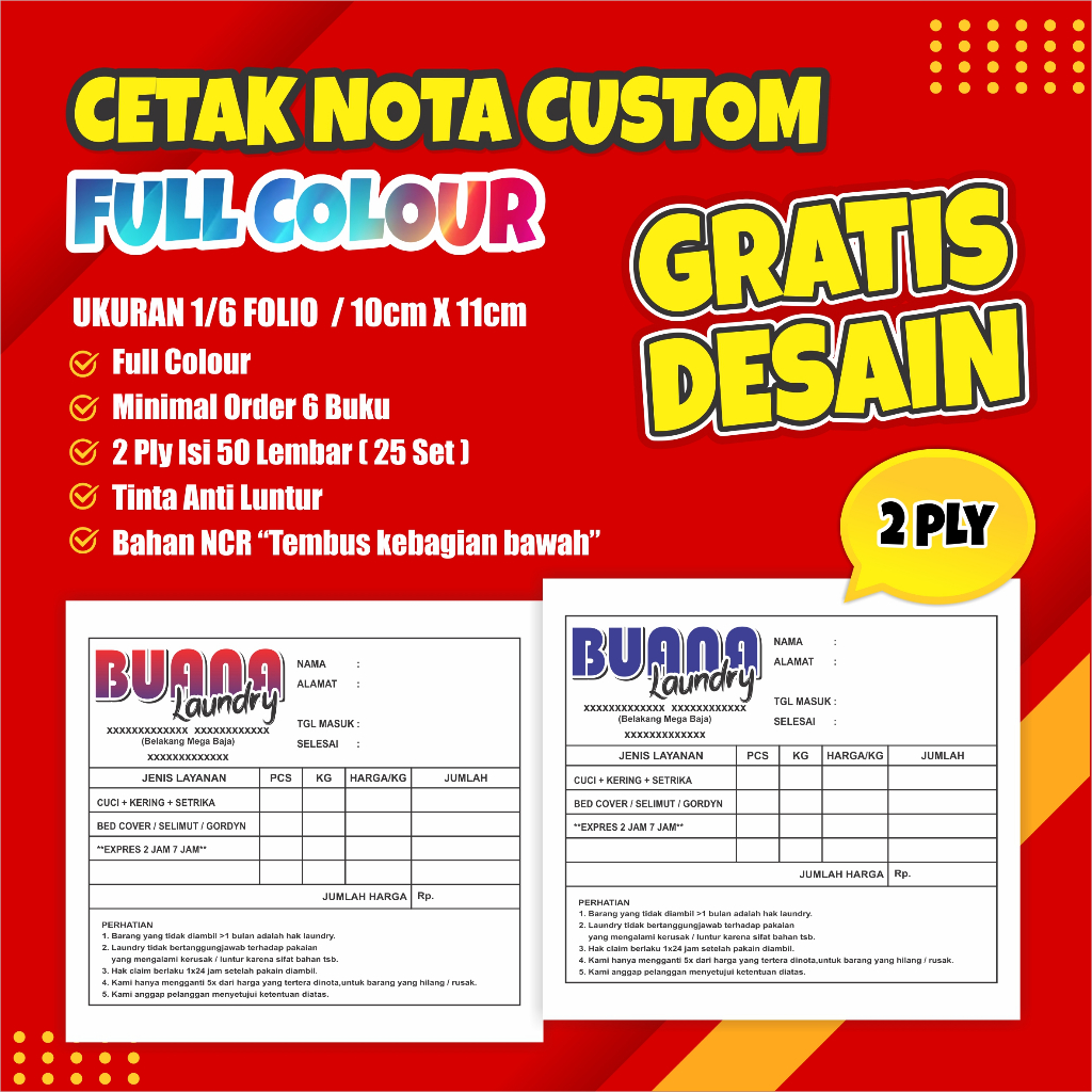 

Cetak Nota Full Colour 2 Ply Ukuran 1/6, Cetak Nota Nama Toko Sendiri