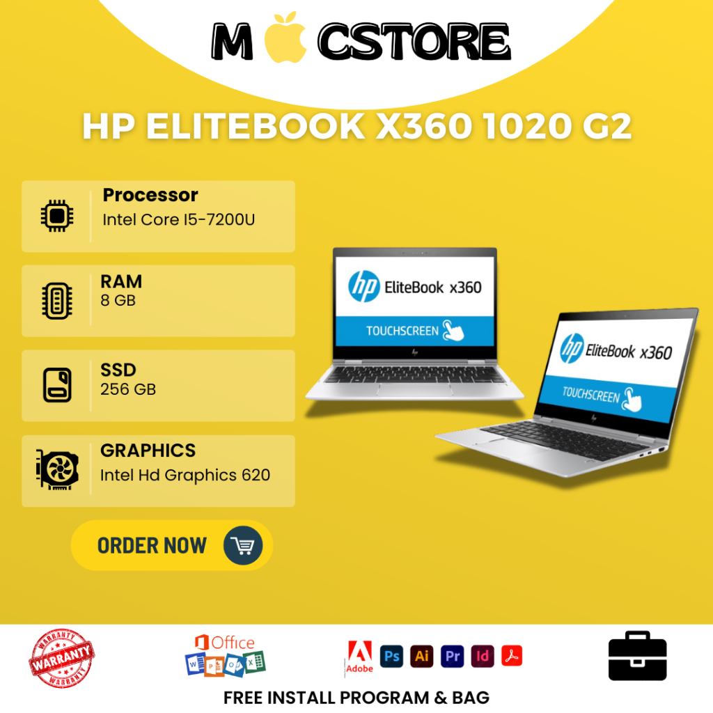 Laptop Lipat 360° Hp Elitebook X360 1020 G2 Intel Core i5 Gen 7 Ram 8GB Ssd 256GB Touchscreen