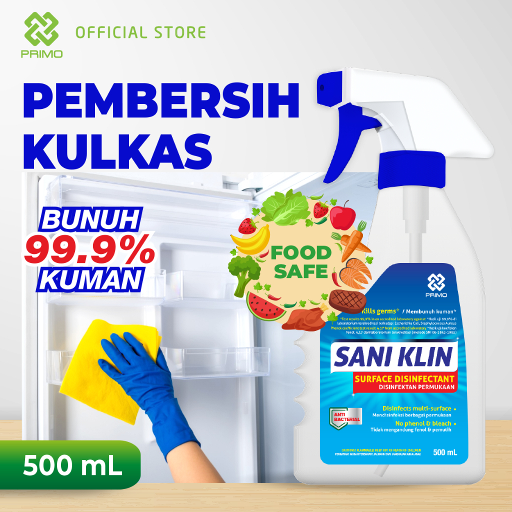 Pembersih Kulkas Disinfektan Spray Surface Sanitizer Antiseptik PRIMO Sani Klin 500 mL