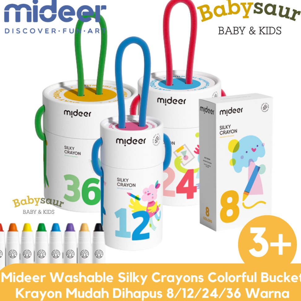 

KODE I85L Mideer Washable Silky Crayon 8 12 24 36 Warna Colorful Bucket Krayon Mewarnai Alat Warna Set Anak Wipe and Clean