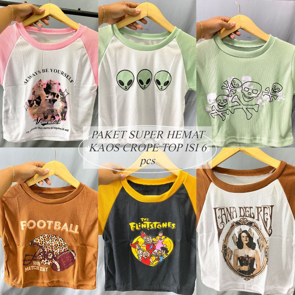 BEBENGKRIBBO - BAJU WANITA MEY / PAKET RANDOM BERHEMAT ISI 6 POTONG KAOS  CROP TOP ANAK REMAJA DEWAS